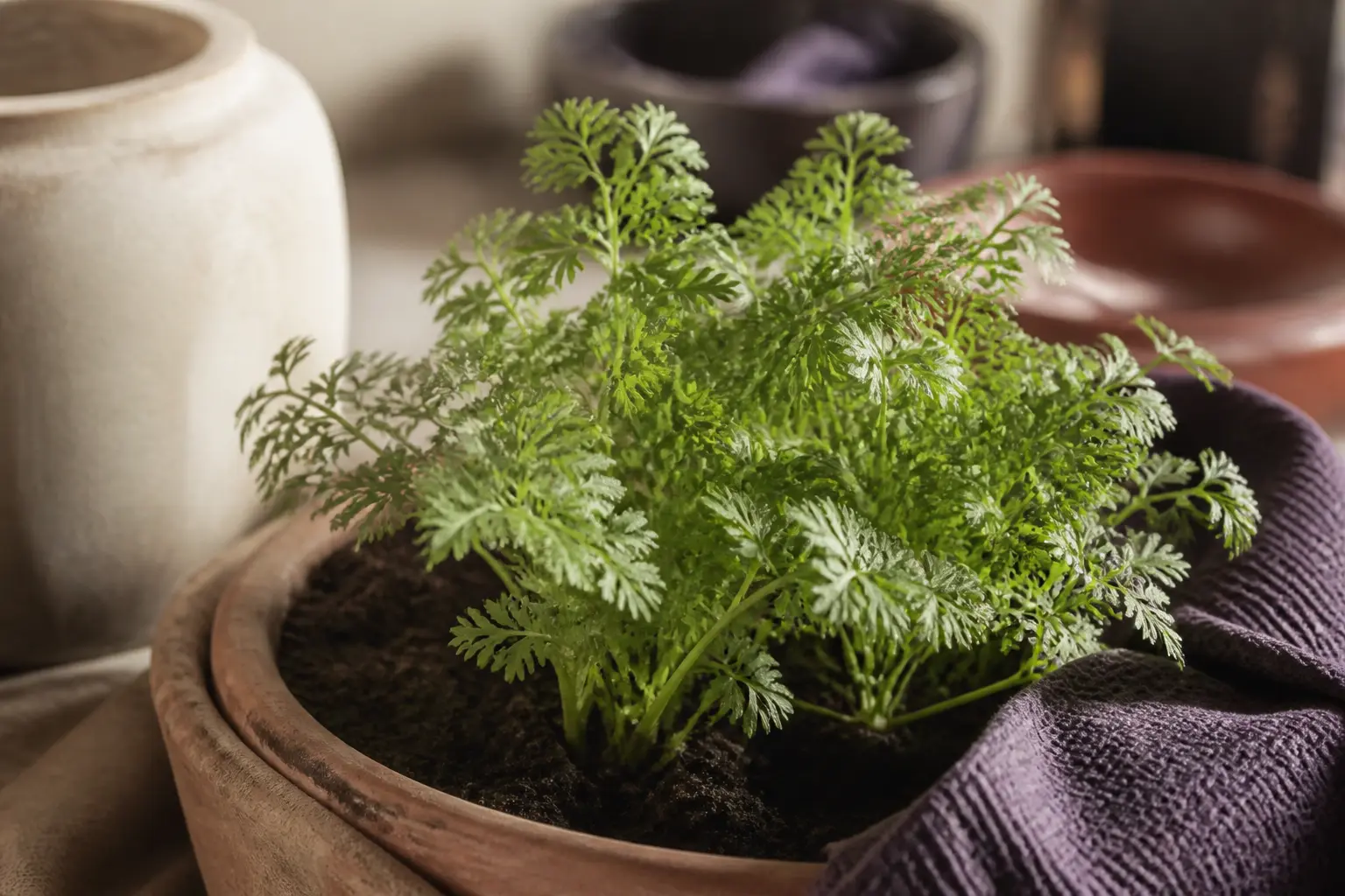 Pimprenelle en gros plan dans un potager ensoleillé, feuillage fin et texture naturelle, ambiance éditoriale chaleureuse