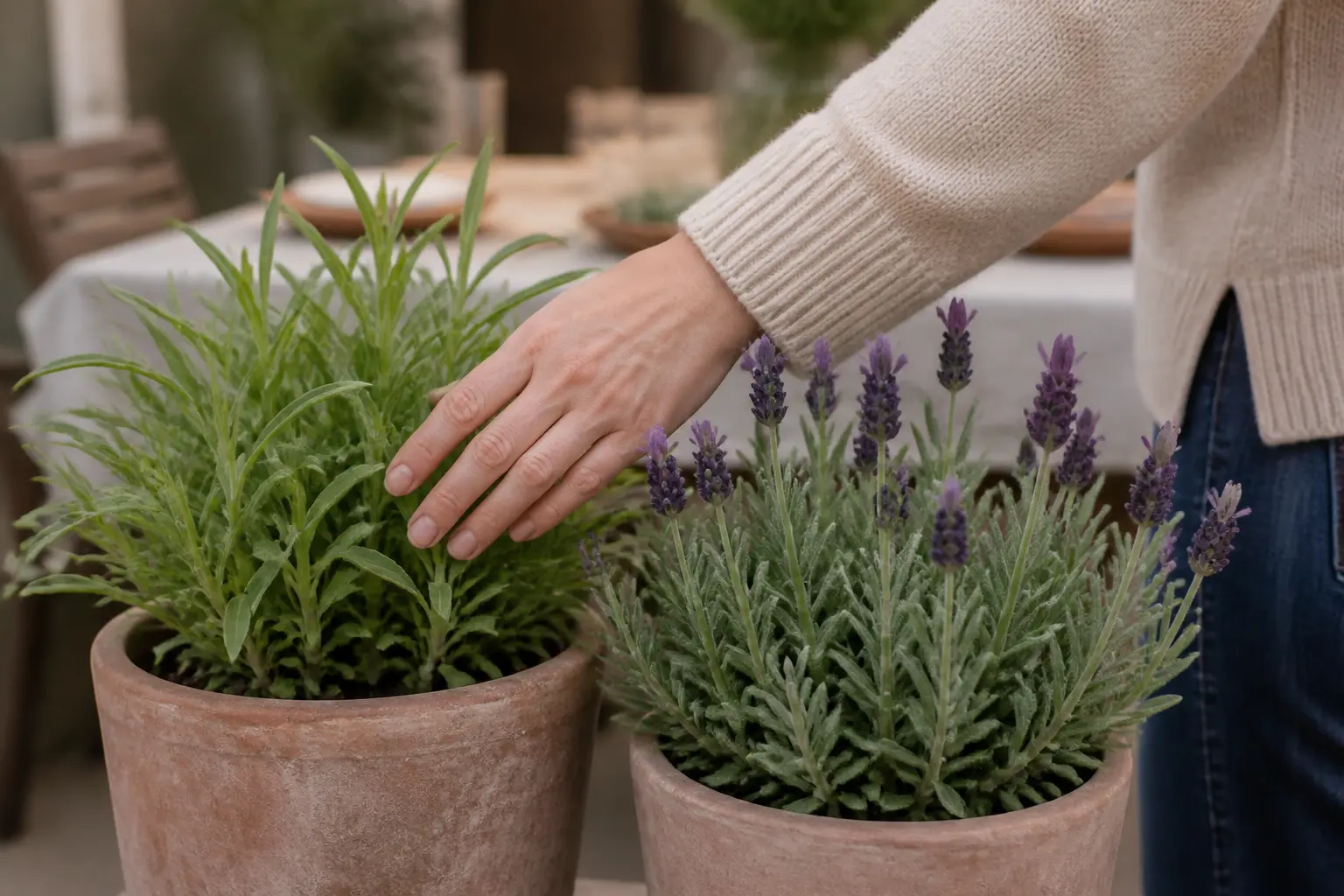 Plante anti moustique en pot sur une terrasse, citronnelle et lavande touchées à la main près d’une table extérieure