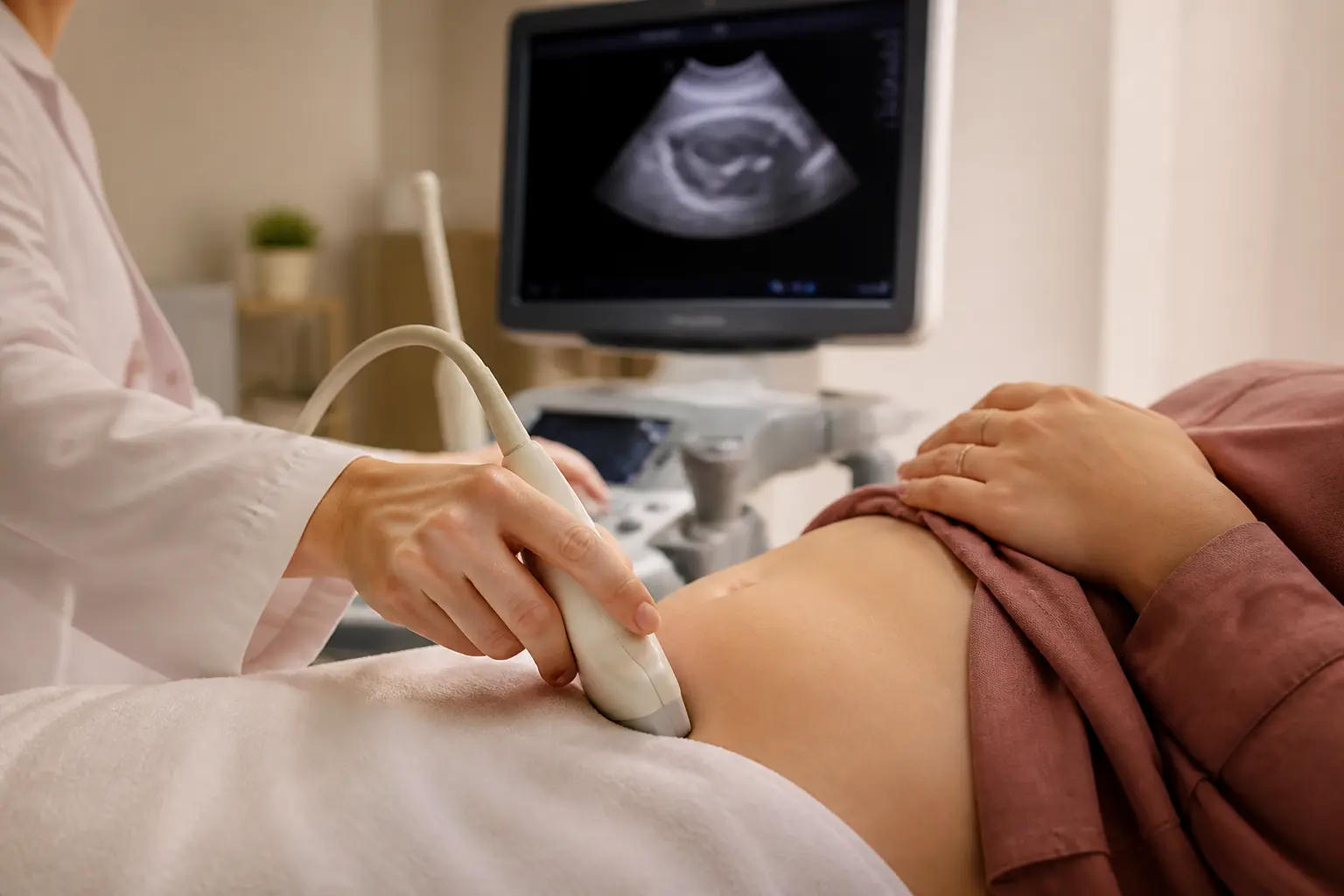 Échographie gynécologique du polype utérus, sonde examinant l’utérus en salle de consultation médicale