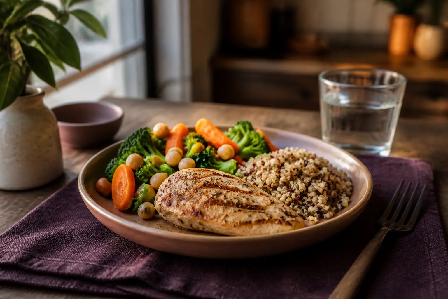 Repas du soir équilibré pour que manger le soir pour maigrir, avec légumes, protéines maigres et céréales sur table cosy