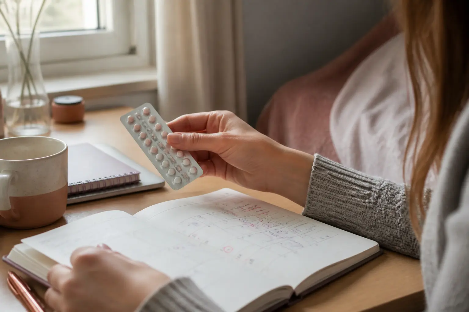Retour des règles après arrêt pilule en continu : main tenant une plaquette et des notes de calendrier sur un bureau près d’une fenêtre.