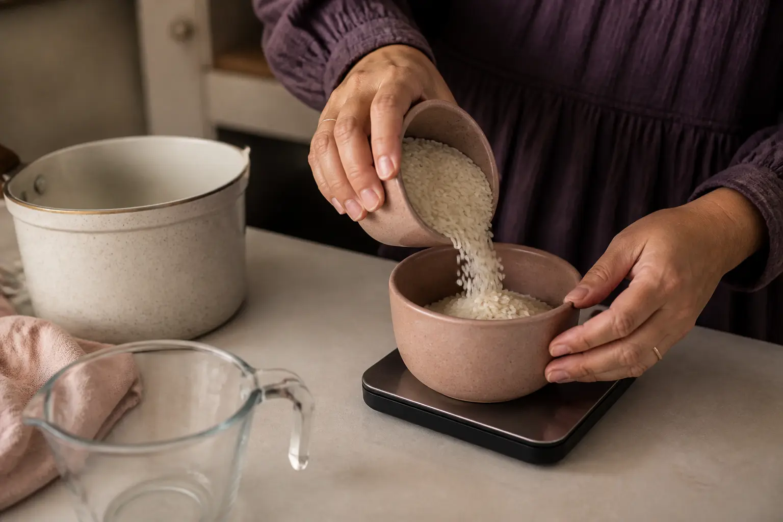Mesure de riz par personne dans une balance de cuisine, mains en gros plan sur un plan de travail près d’une casserole.