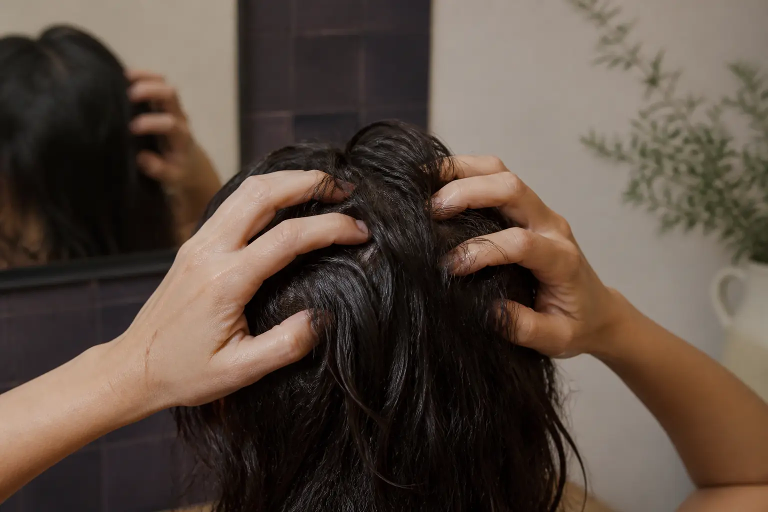 Massage du cuir chevelu avec huile au romarin bienfaits cheveux près d’un lavabo, cheveux humides et miroir en fond