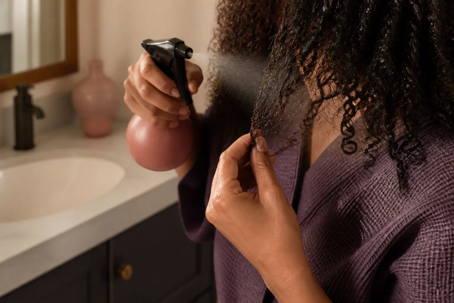 Routine cheveux bouclés : mains examinant une mèche bouclée avec spray d’eau près d’un lavabo, salle de bain lumineuse