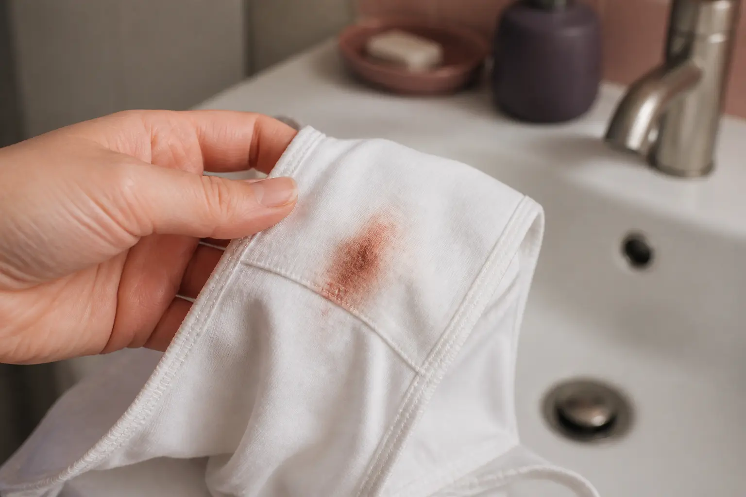 Saignements bénins ménopause : petit saignement sur sous-vêtement blanc près d’un lavabo de salle de bain.