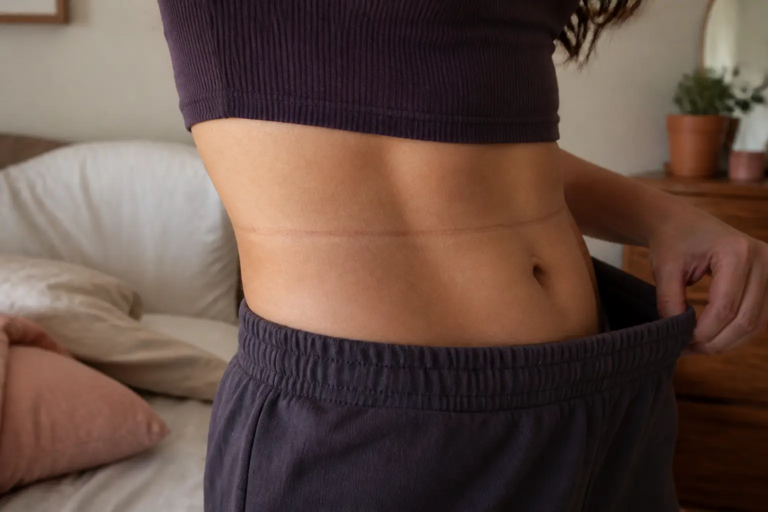 Ventre gonflé avec marques de ceinture dans une chambre, illustrant un taux de cortisol eleve et ventre gonfle.