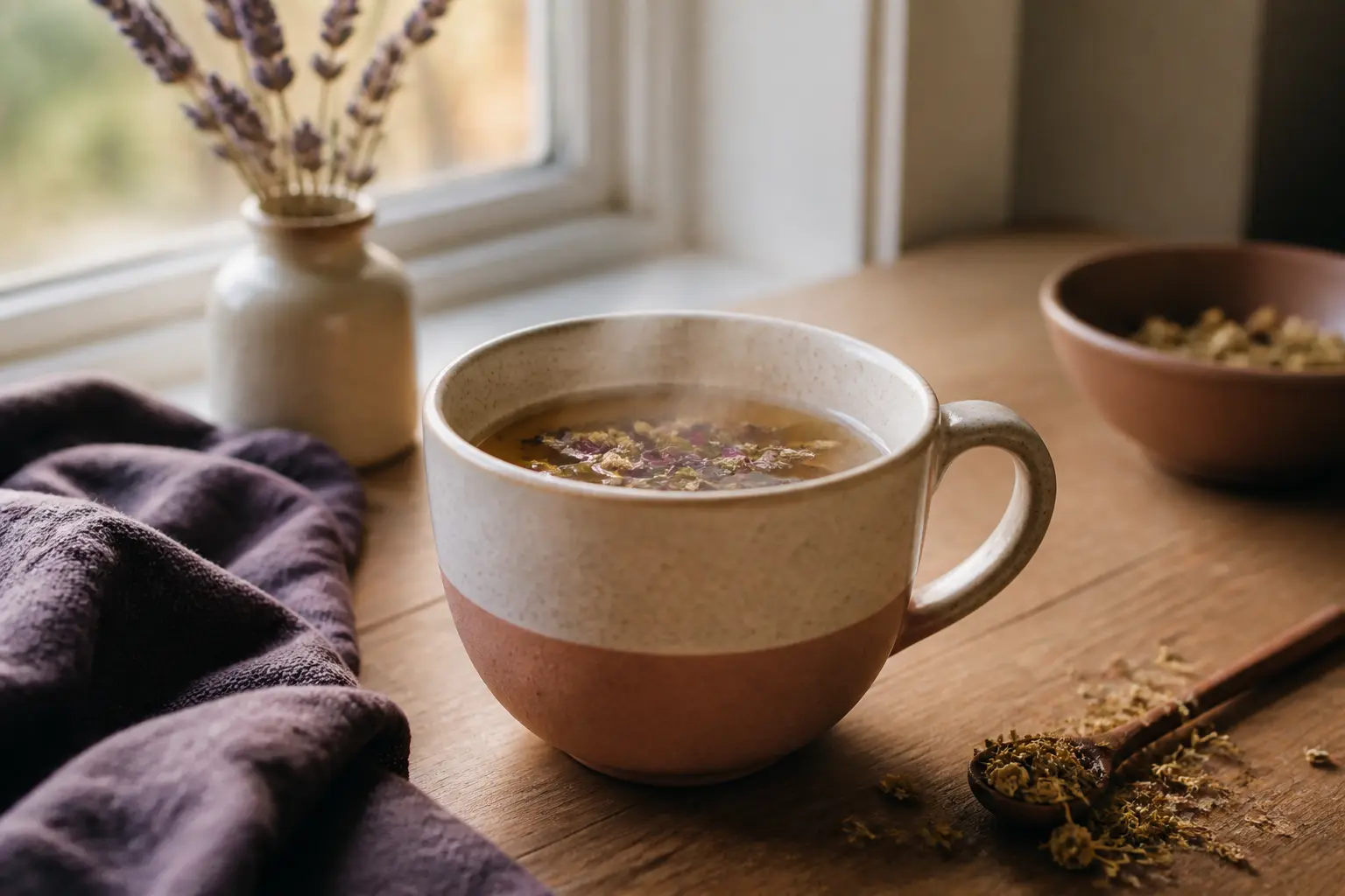 Tisane digestion fumante dans une tasse en céramique sur un plan de cuisine, lumière douce près d’une fenêtre