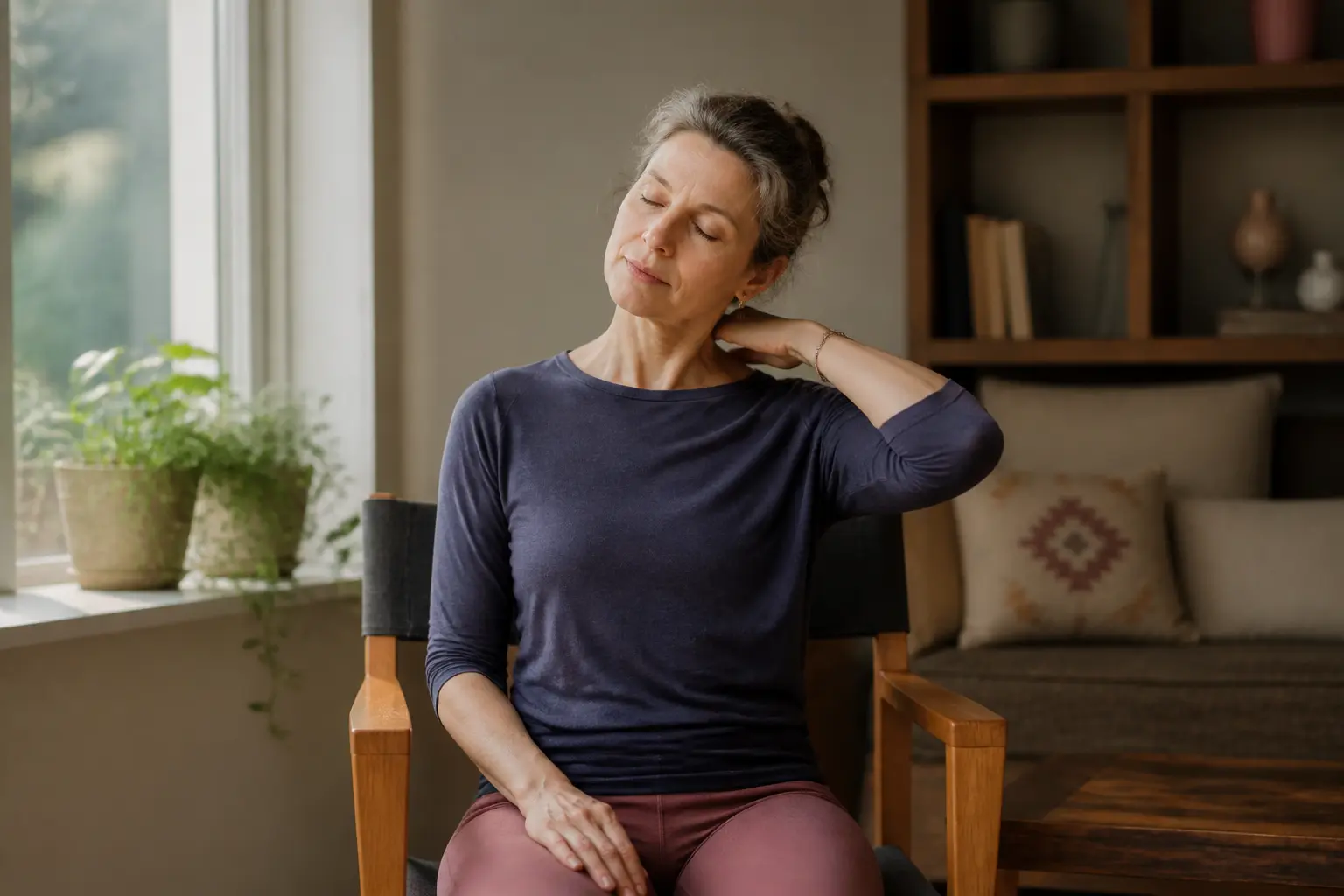 Personne faisant du yoga sur chaise dans un salon lumineux, étirements doux du cou et des épaules près d’une fenêtre