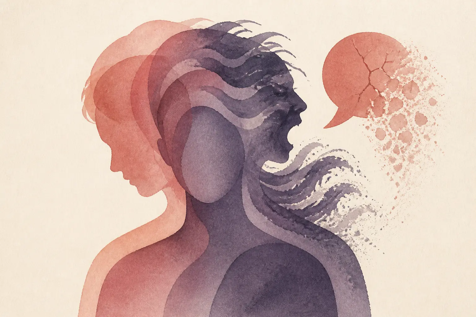 Illustration pour 10 choses à ne pas dire à un bipolaire : silhouette en couches d’humeur et bulle qui se fissure.