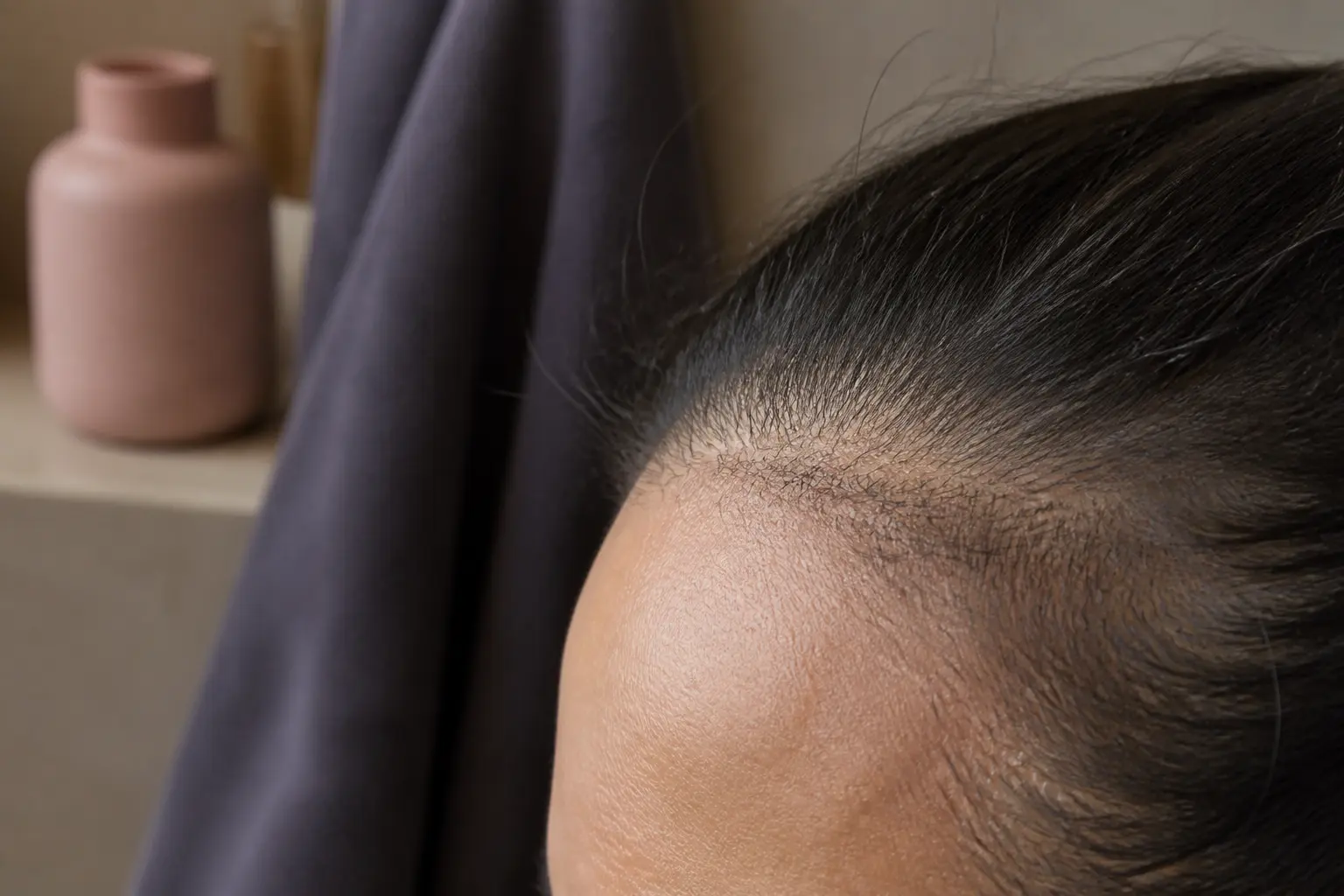 Baby hair au bord du front : fins cheveux courts, repousse naturelle et mèches cassées dans une salle de bain lumineuse