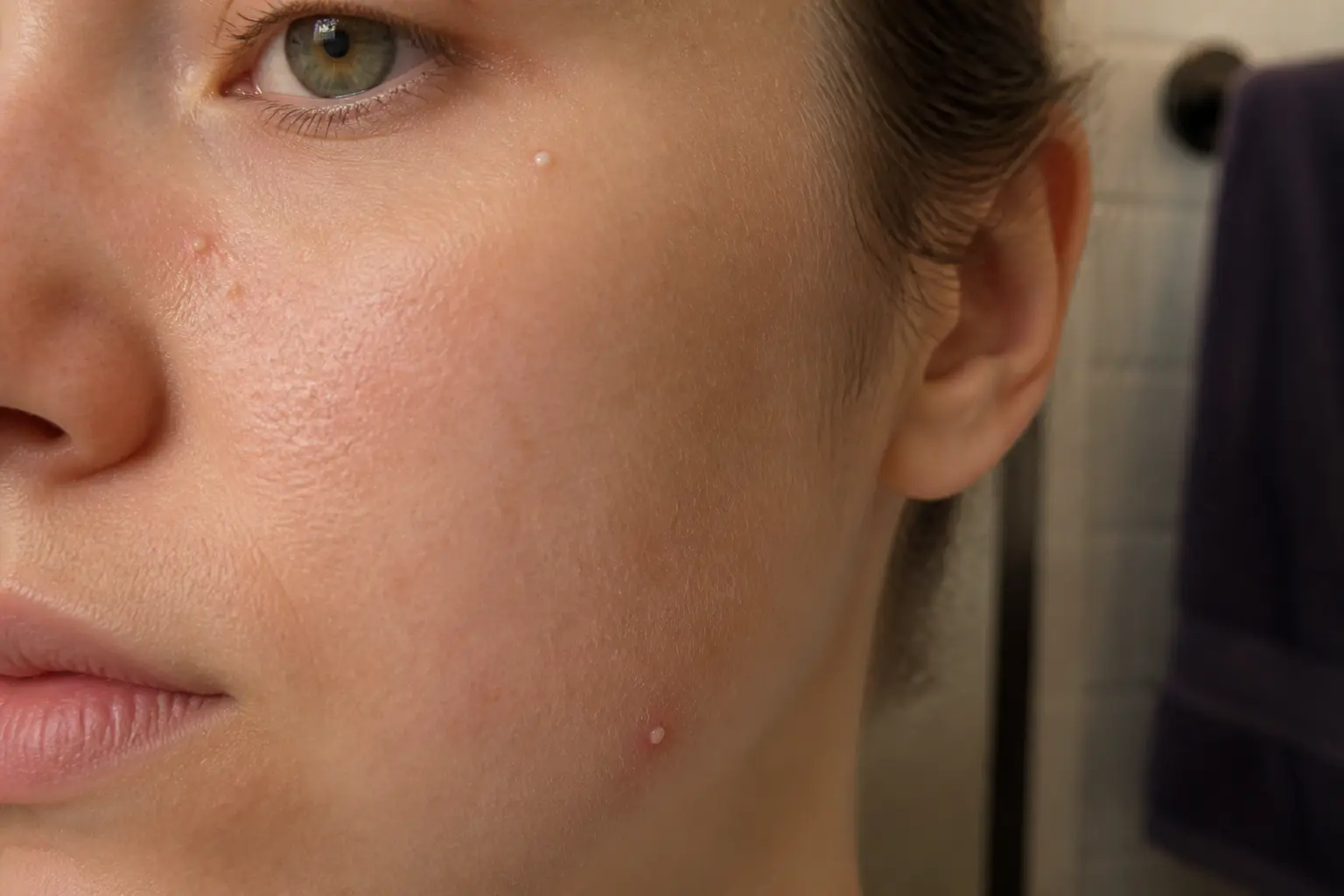 Bouton blanc visage : gros plan d’une joue avec comédon fermé, grain de milium et bouton blanc inflammé, en lumière douce.