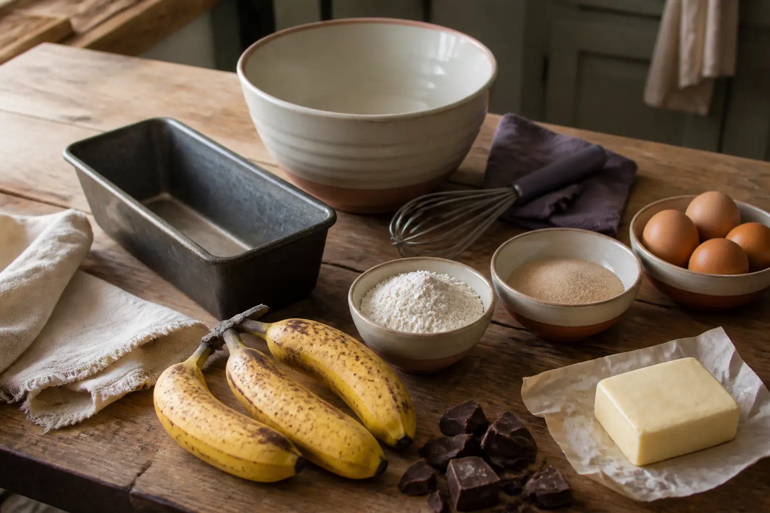 Ingrédients et matériel pour un cake banane chocolat : bananes, chocolat, farine, œufs, beurre et moule sur plan de travail rustique
