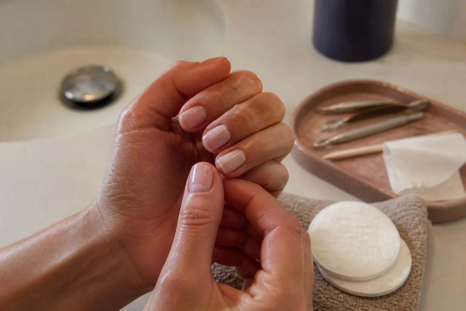 Mains inspectant différentes poses avant comment enlever du vernis semi permanent, avec outils de préparation sur un lavabo.