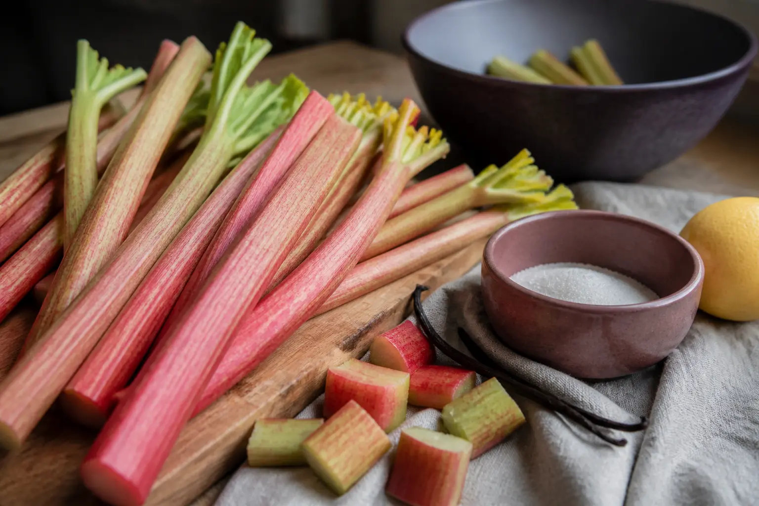 Préparation de confiture de rhubarbe : tiges triées, sucre, citron et vanille sur planche en cuisine.