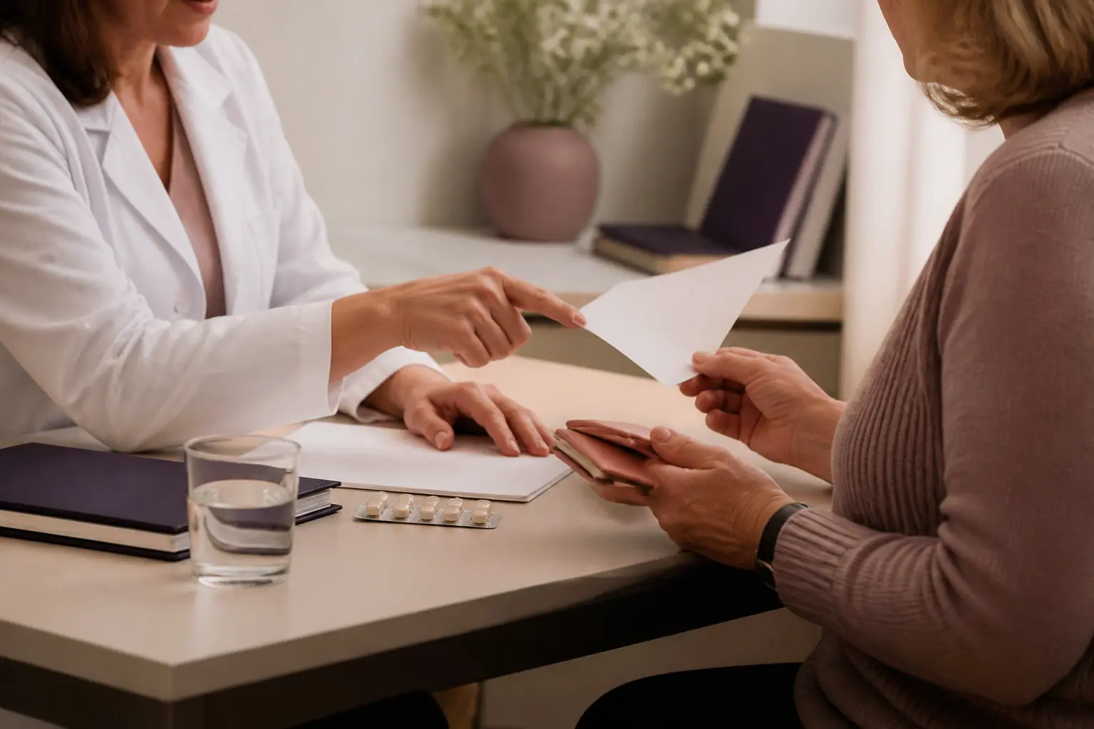 Consultation médicale sur les conséquences arrêt traitement hormonal substitutif, médecin et patiente examinant ordonnance et pilulier.
