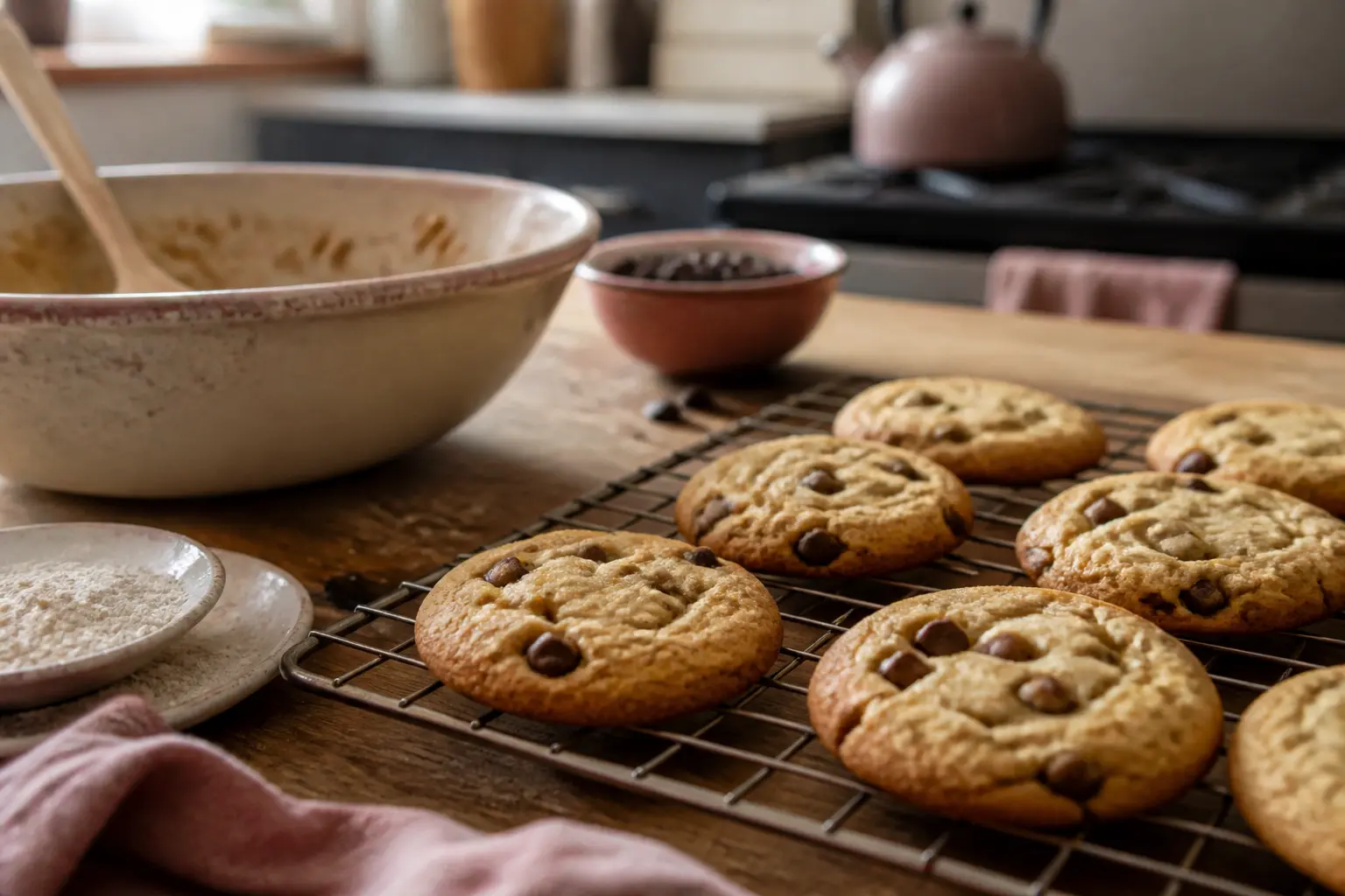 Cookies sans gluten moelleux aux pépites de chocolat sur grille, dans une cuisine chaleureuse avec bol et cuillère.