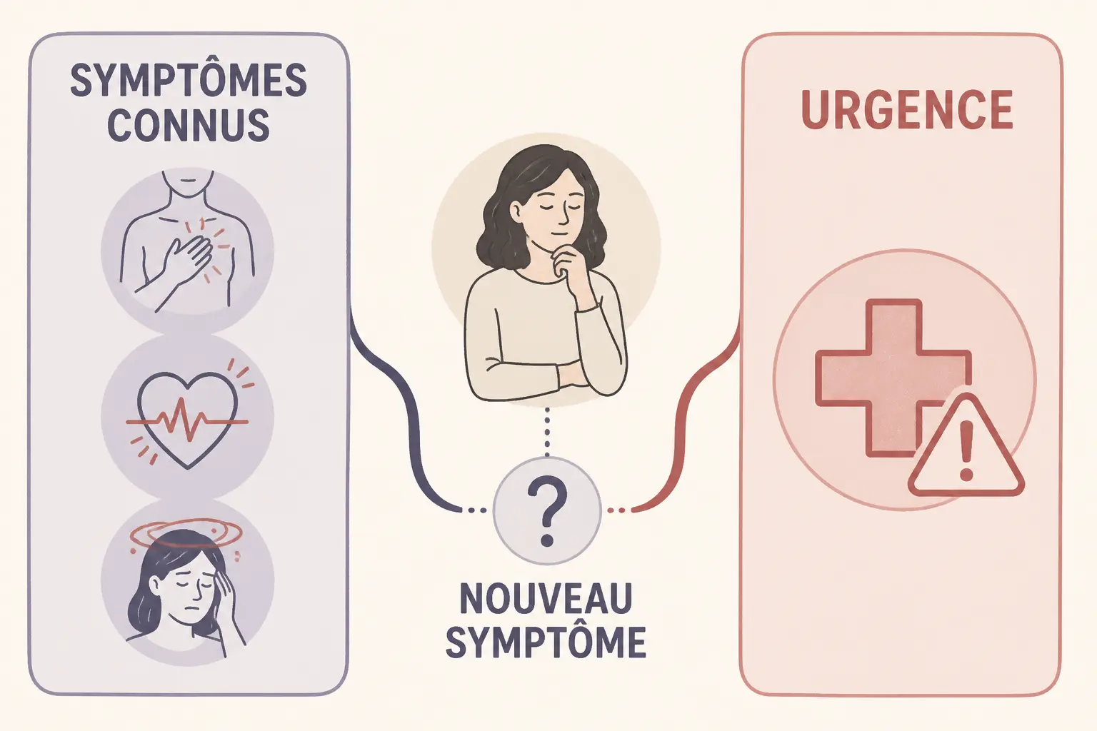 Infographie sur les crises d'angoisses les 7 erreurs à éviter : symptômes connus, nouveau symptôme, urgence.