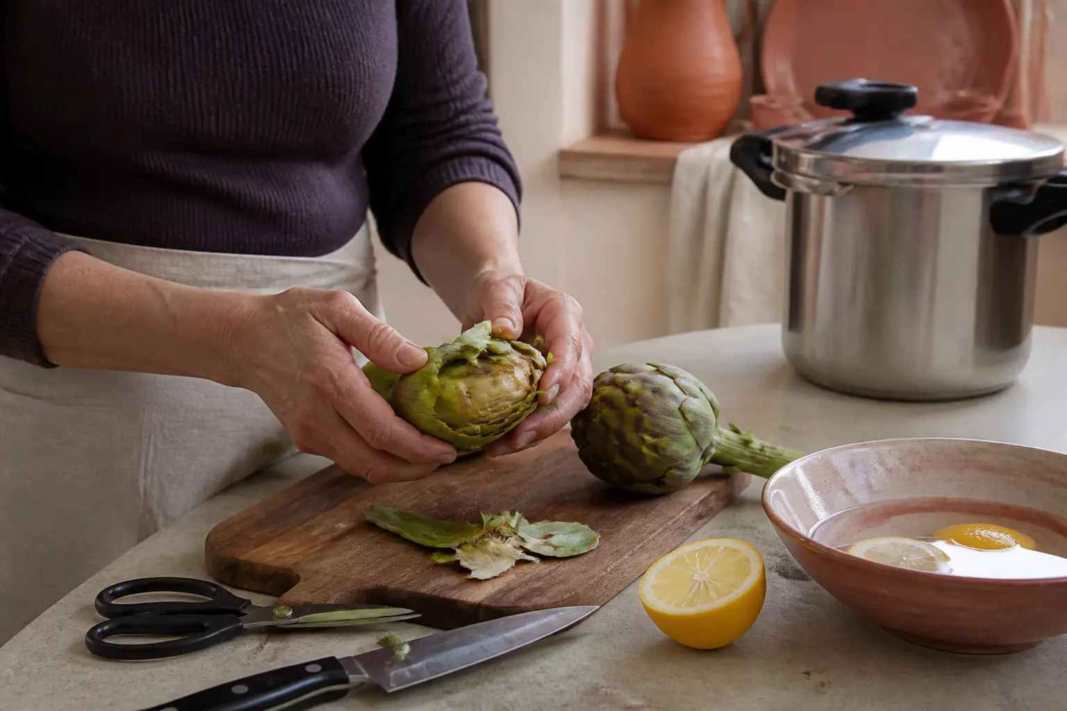Préparation des artichauts pour la cuisson artichaut cocotte minute : mains, citron, couteau et cocotte en cuisine.