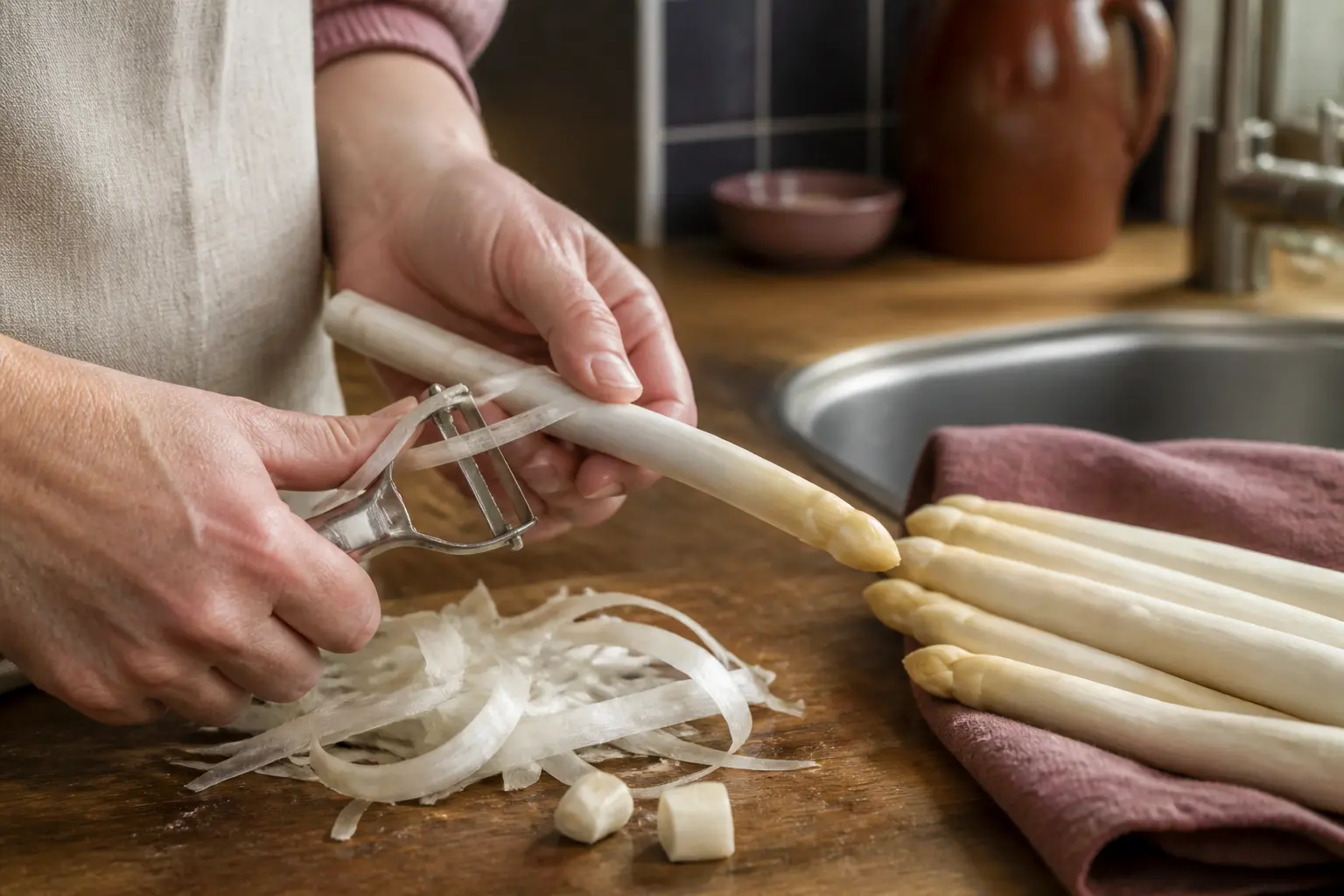 Cuisson asperges blanches : mains épluchant une asperge blanche au plan de travail, pointes intactes, cuisine réelle.