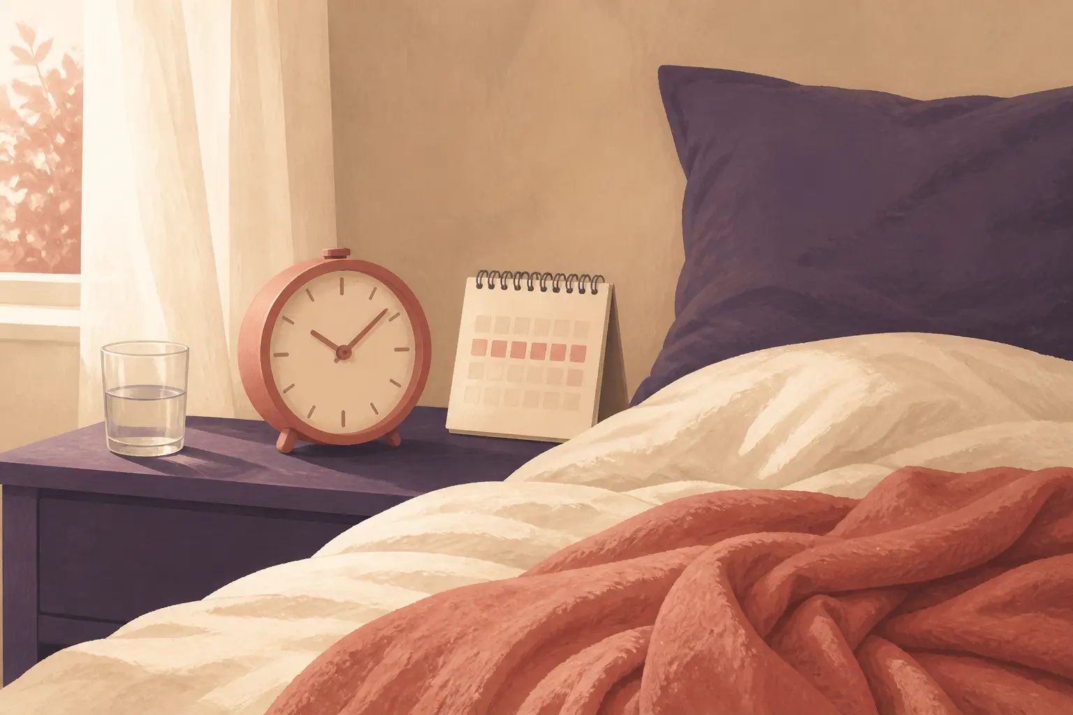 Cure de sommeil : chambre apaisante avec réveil, lit défait, rideau entrouvert, verre d’eau et calendrier discret.