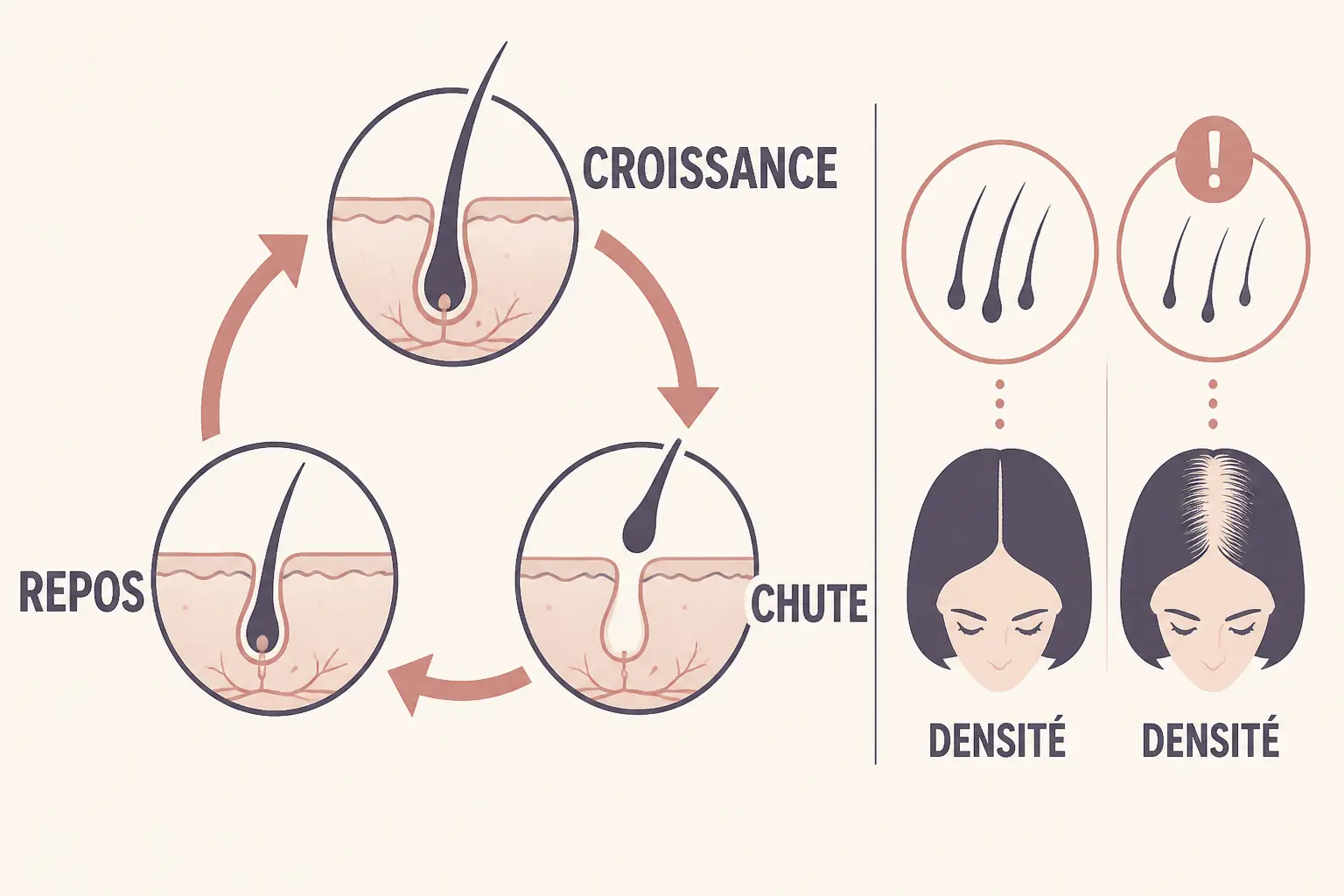Infographie sur la femme perte de cheveux : cycle du cheveu, chute normale et signes d’alerte avec densité réduite.