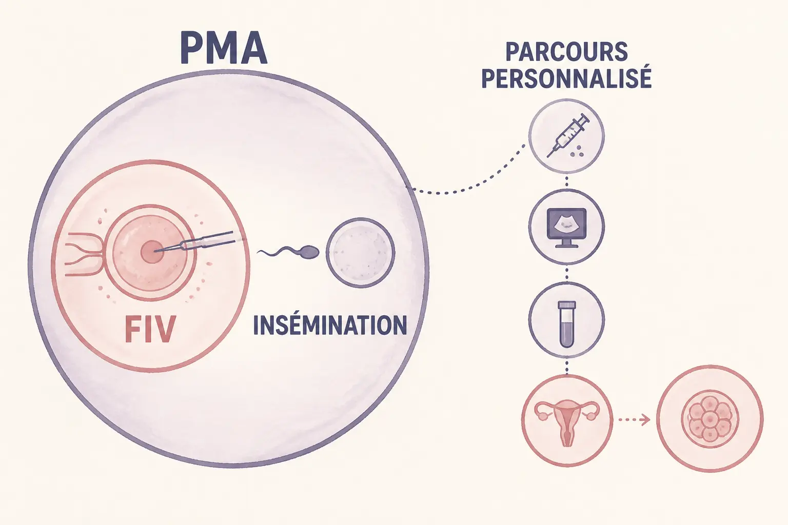 Schéma PMA montrant la fiv, l’insémination et un parcours personnalisé vers le transfert d’embryon.