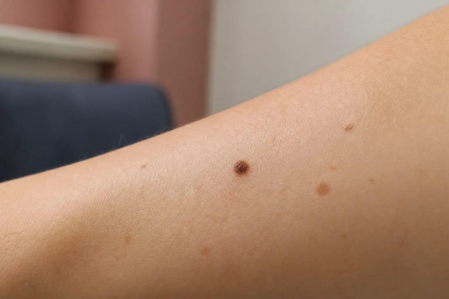 Gros plan clinique d’un avant-bras avec un grain de beauté brun légèrement en relief et d’autres taches pigmentées naturelles