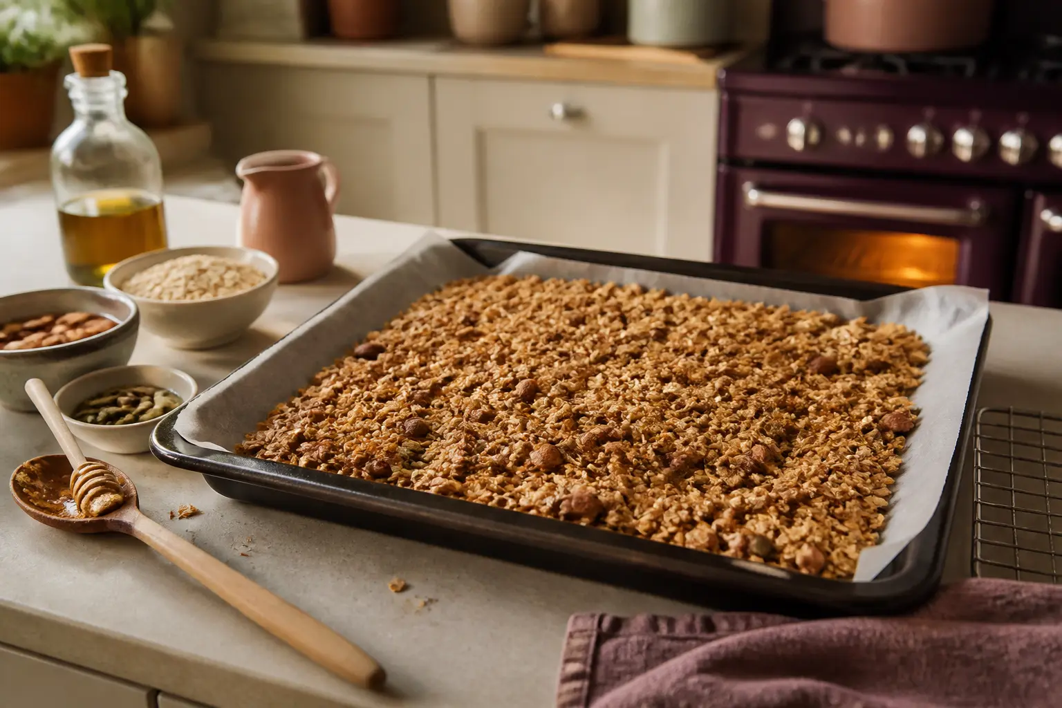 Granola maison en cuisson sur plaque, avec flocons d’avoine, noix, graines, miel et huile dans une cuisine chaleureuse.