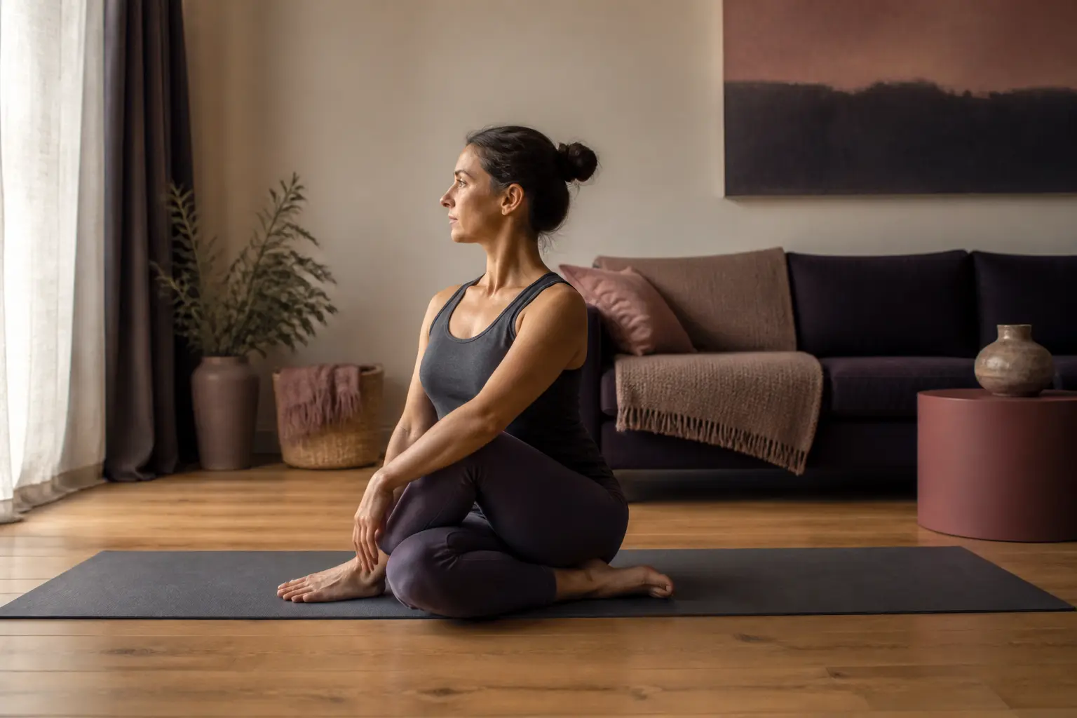 Pratique de hatha yoga à domicile, posture assise calme sur tapis dans un salon lumineux et épuré