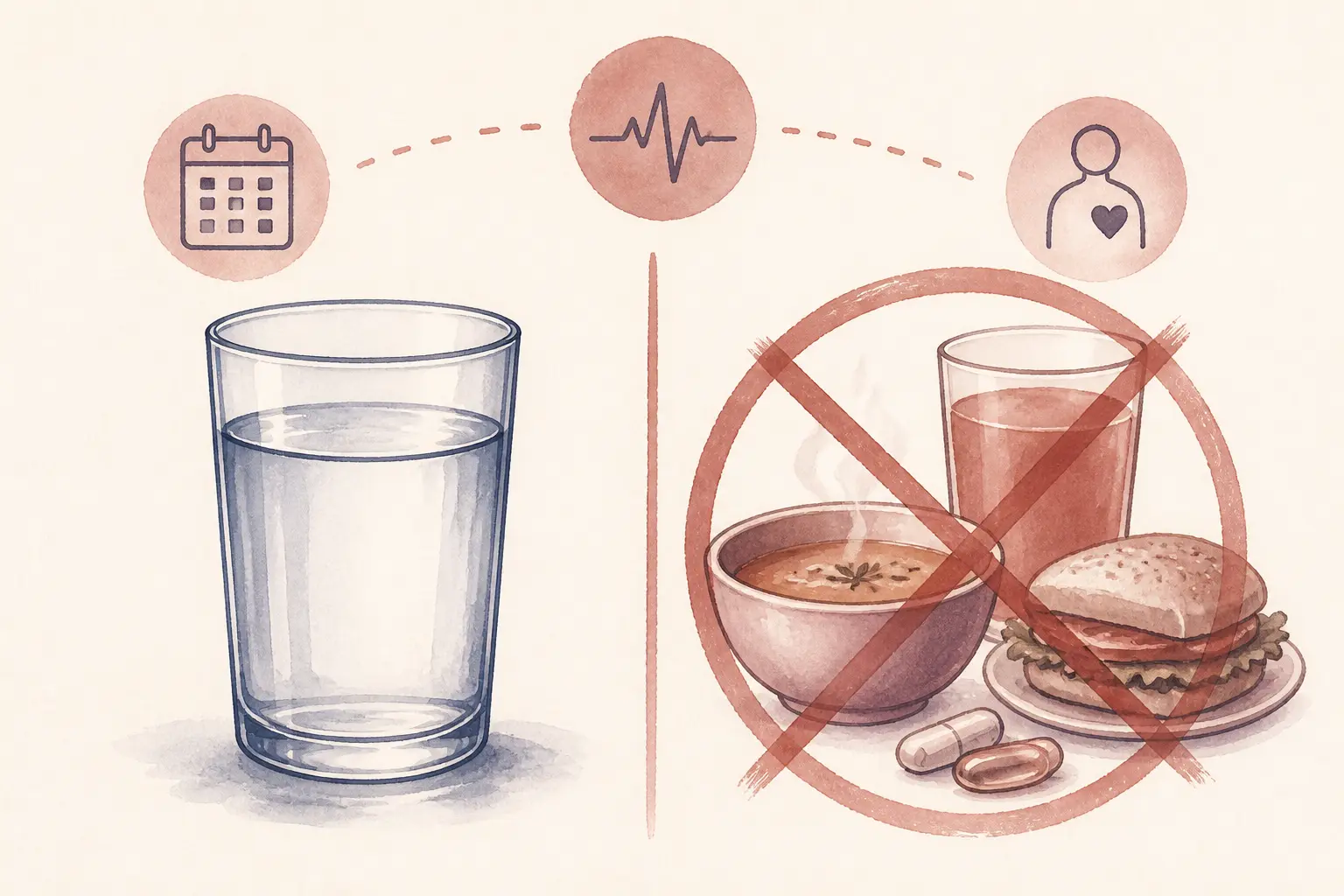 Jeûne hydrique : verre d’eau seul, aliments, jus, bouillon et gélules barrés, avec icônes calendrier et pouls.