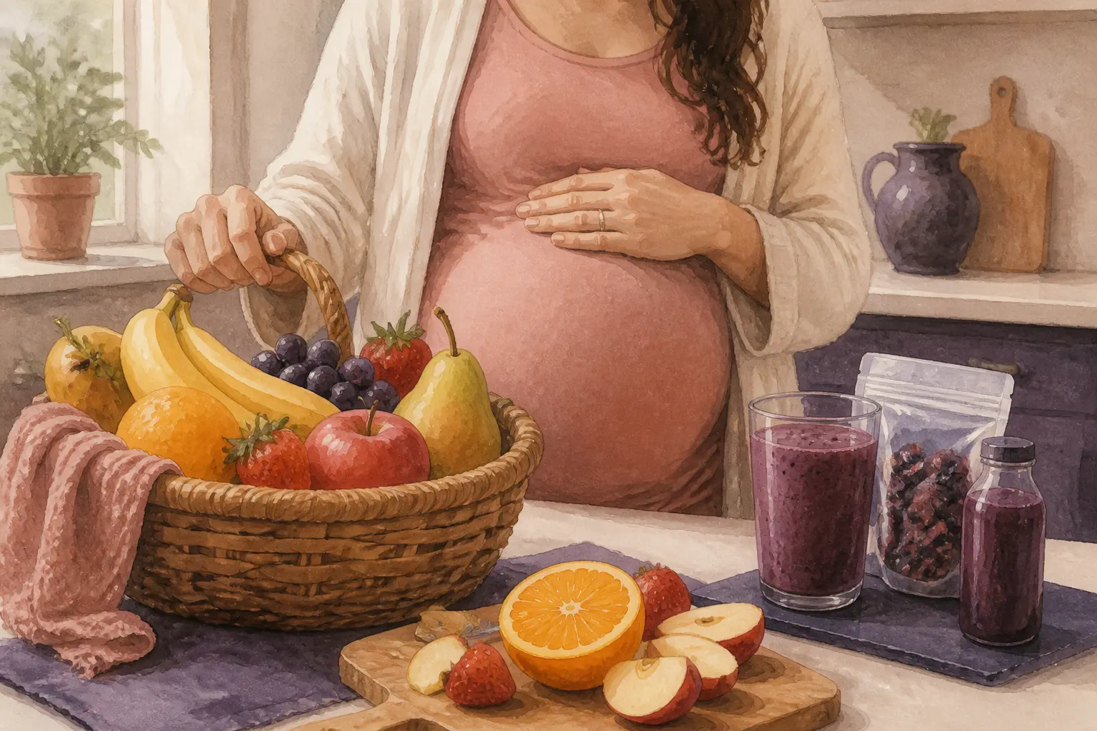 Panier de fruits frais et produits concentrés illustrant les 3 fruits à éviter pendant la grossesse, en cuisine.