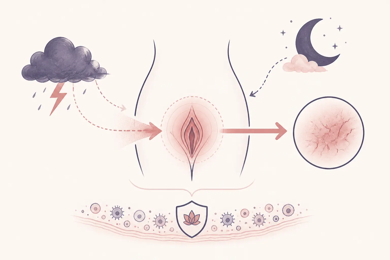 Schéma médical du lichen vulvaire et stress : nuage, lune et irritation amplifient les symptômes, sans cause prouvée