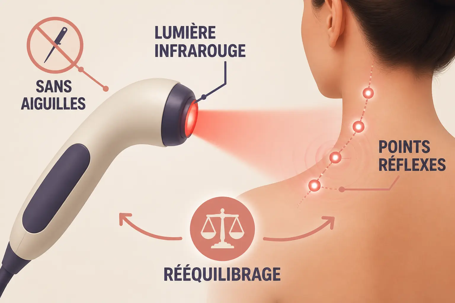 Infographie sur la luxopuncture : sonde infrarouge, points réflexes, sans aiguilles, rééquilibrage par lumière.