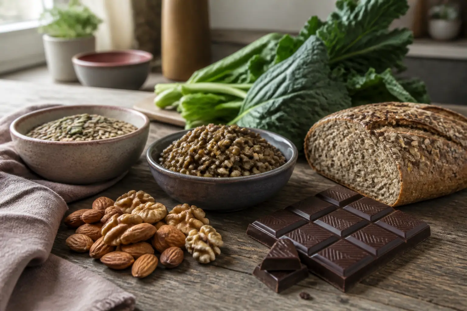Magnésium dans quel aliment : table de cuisine avec graines, noix, chocolat noir, lentilles, pain complet et légumes verts.