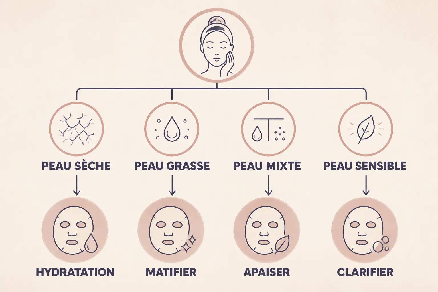 Infographie masque visage maison : arbre de décision pour choisir selon peau sèche, grasse, hydratation ou apaiser.