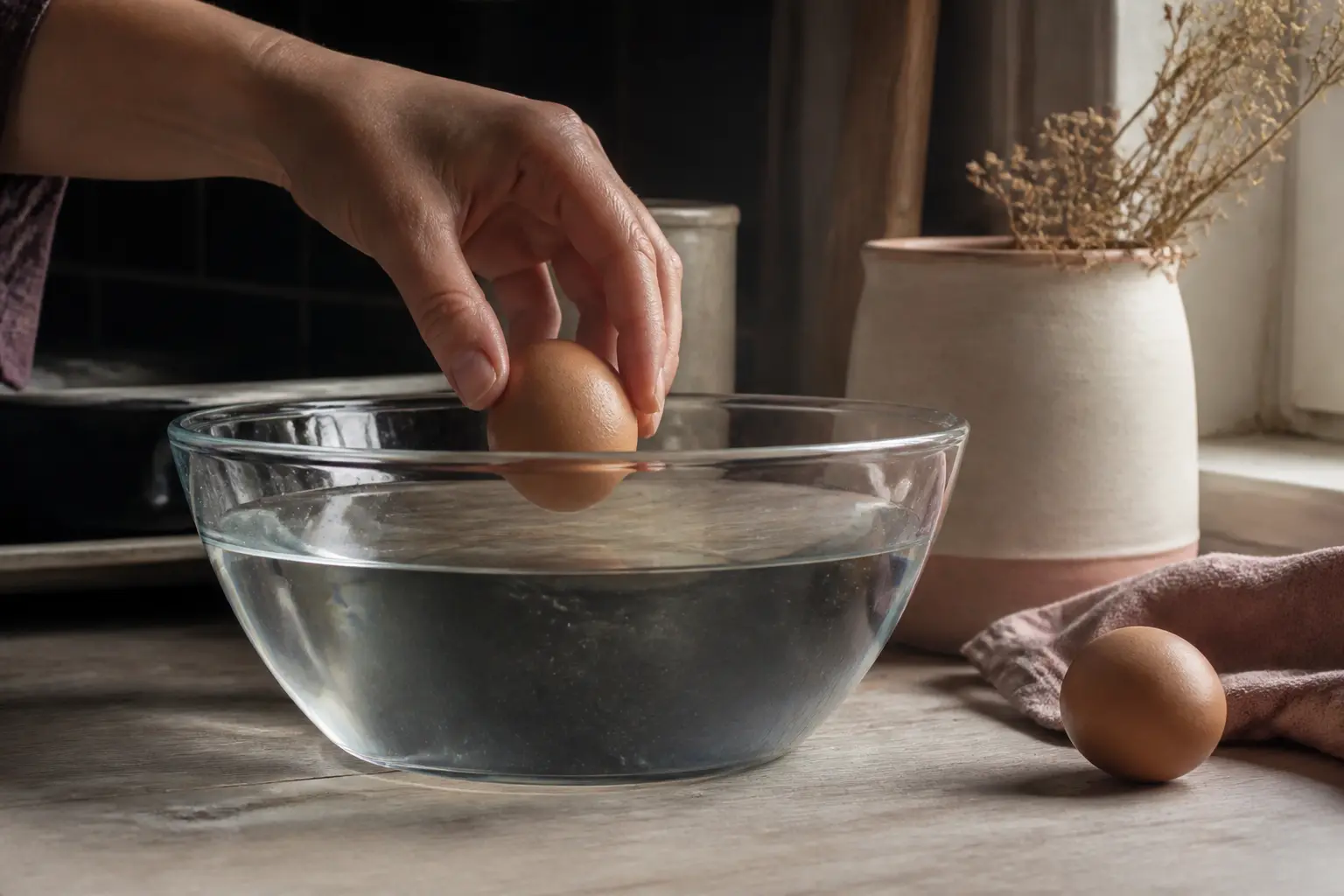 Oeuf qui flotte testé dans un bol d’eau froide, main le plongeant doucement sur un plan de cuisine réel.