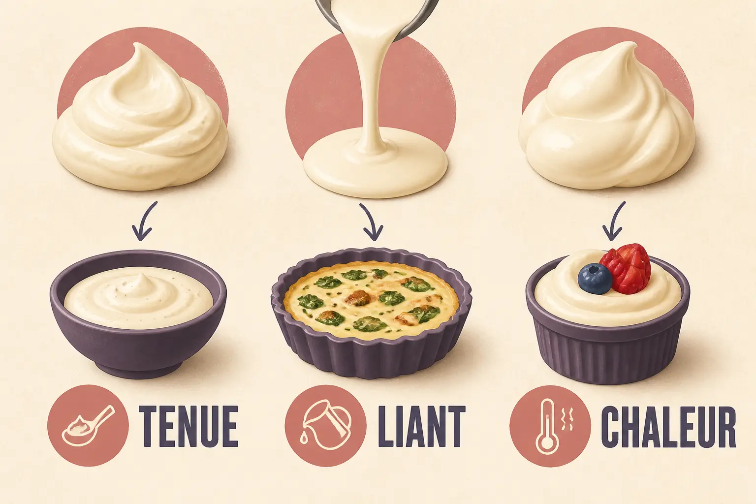 Infographie sur par quoi remplacer la creme fraiche : trois crèmes pour TENUE, LIANT et CHALEUR, avec sauces, quiches et desserts.