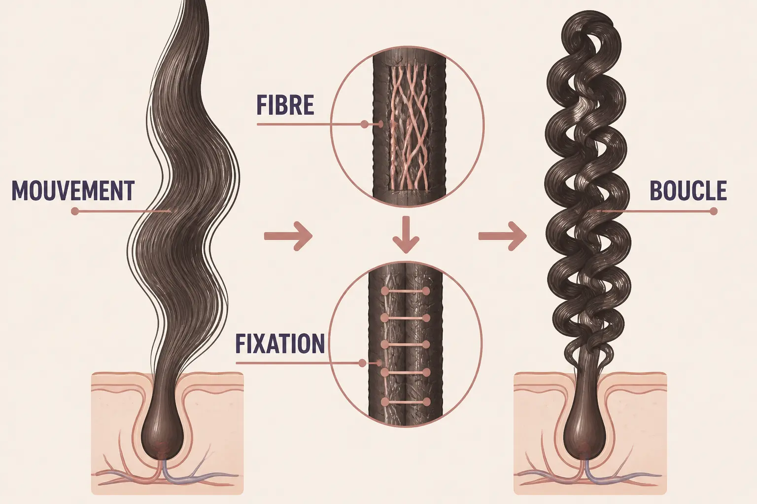 Schéma de permanente femme montrant deux boucles, fibre capillaire et fixation du mouvement avant/après traitement.