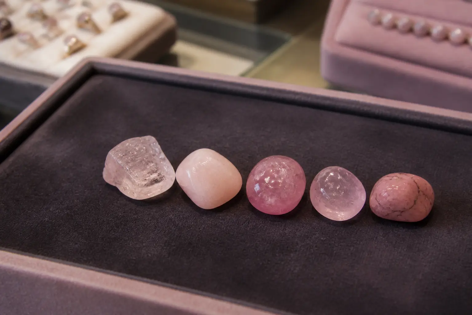 Pierre rose en vitrine de bijouterie, plusieurs pierres naturelles roses comparées en gros plan sous lumière chaude