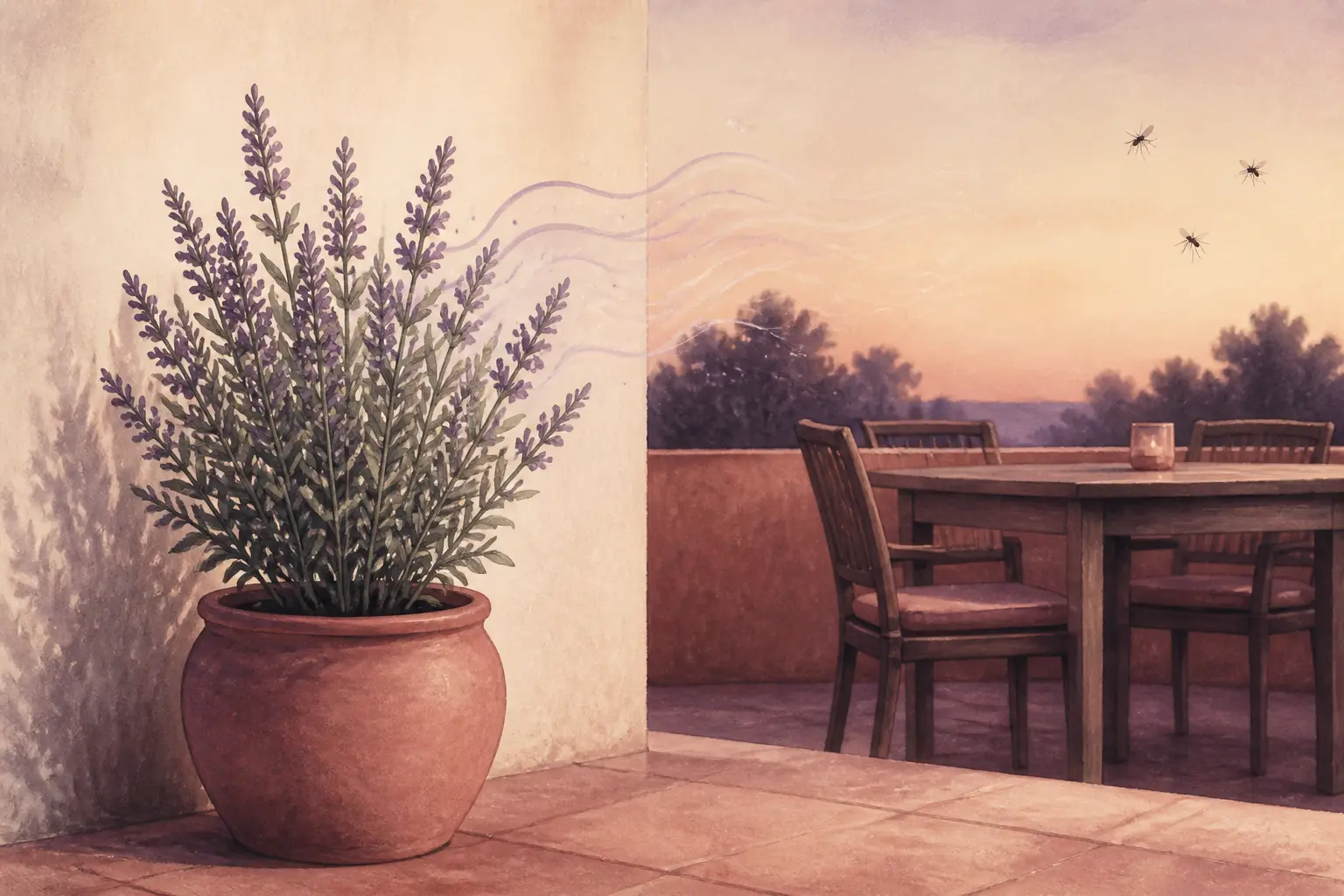 Plante anti moustique en pot sur une terrasse au crépuscule, avec quelques moustiques et une protection limitée autour de la table