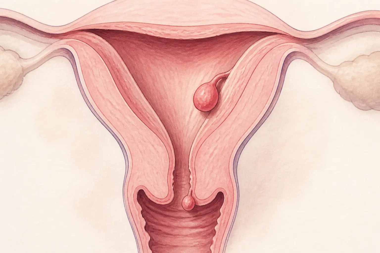 Schéma médical du polype utérus montrant deux petites excroissances dans l’utérus et le canal cervical.