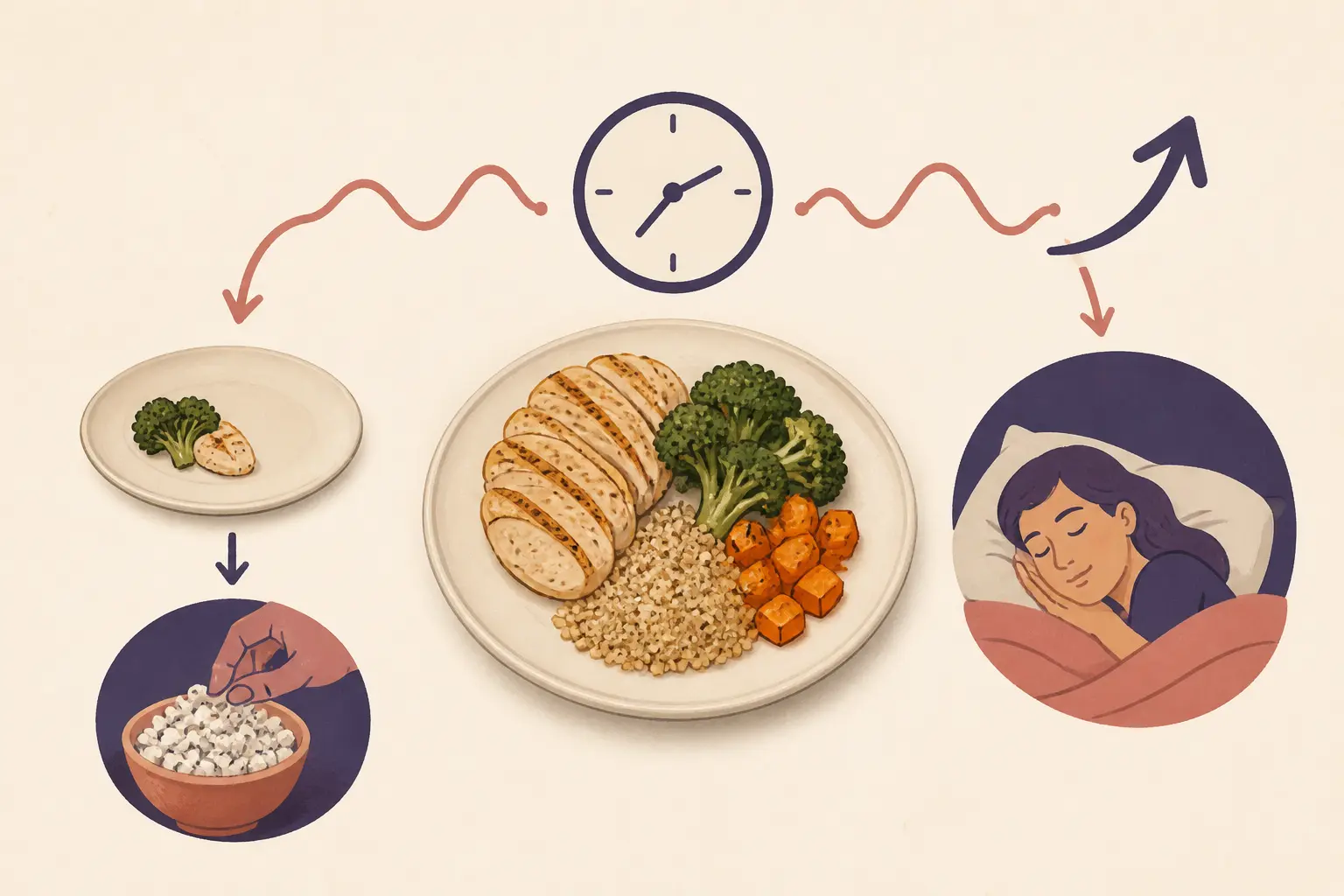 Infographie sur que manger le soir pour maigrir : assiette équilibrée, petite horloge et faim apaisée, sans grignotage nocturne