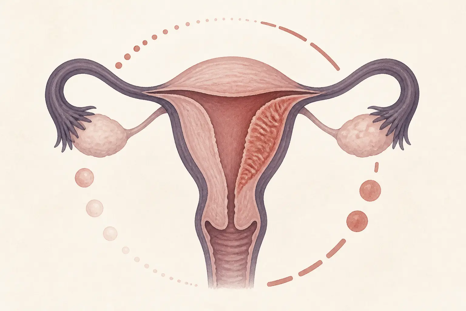 Retour des règles après arrêt pilule en continu : utérus, ovaires et cycle hormonal qui se réactive progressivement.