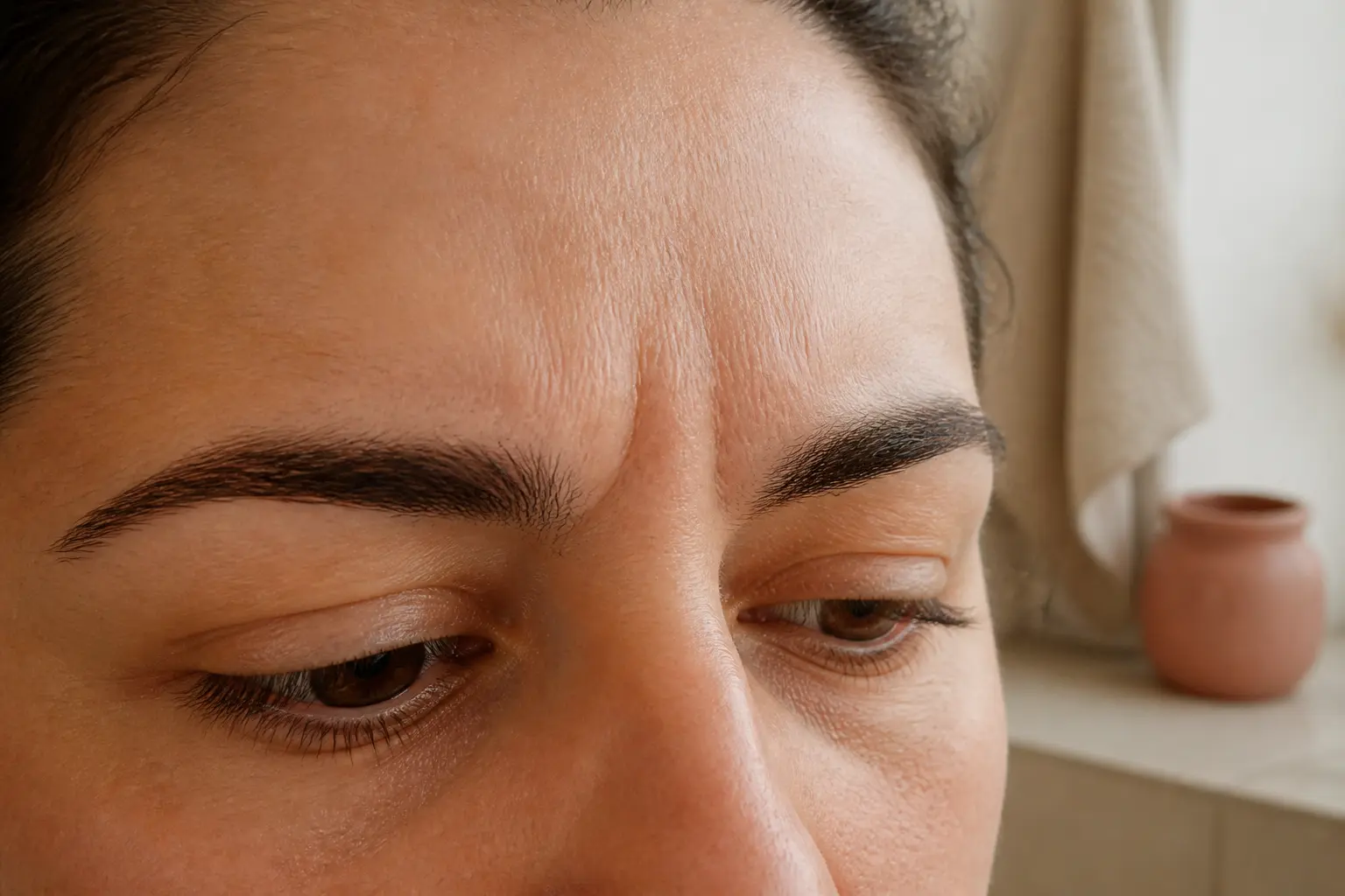 Ride du lion que faire : gros plan réaliste d’une ride entre les sourcils sur un visage calme, en lumière douce.