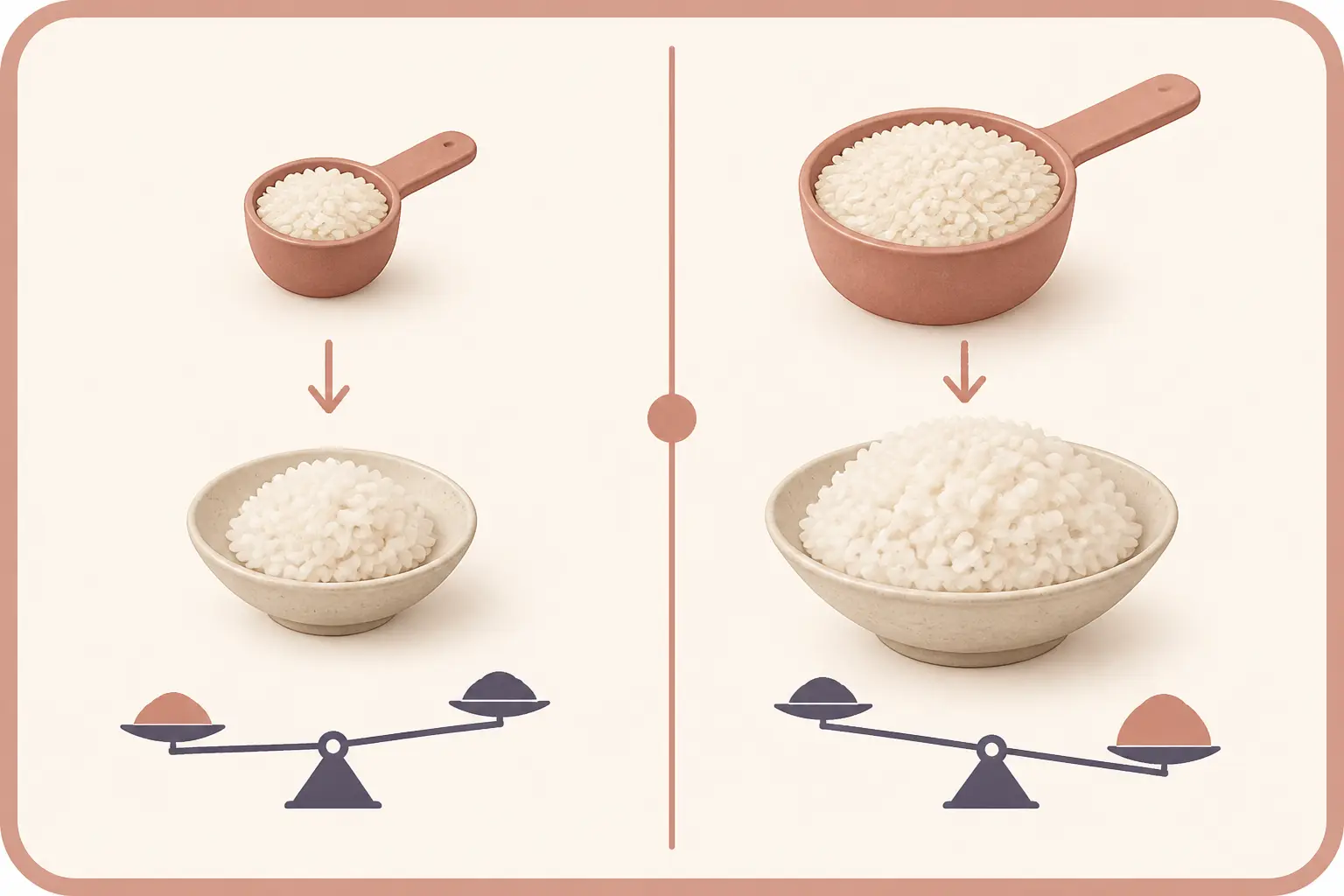 Guide visuel du riz par personne : petite portion en accompagnement et grande portion en plat principal, en deux panneaux.