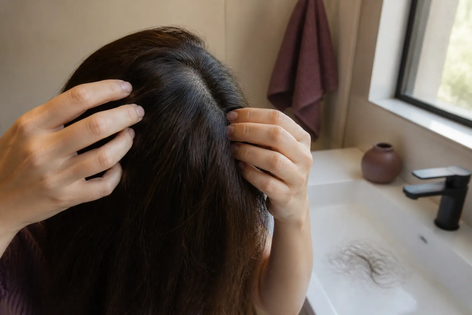 Scalp et cheveux clairsemés dans une salle de bain, illustrant les romarin bienfaits cheveux pour le soin capillaire