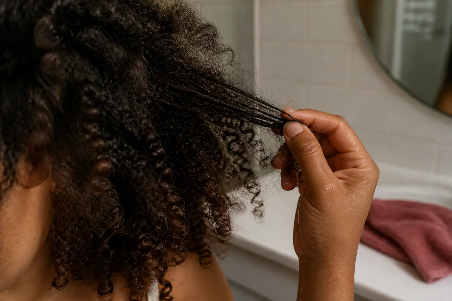 Routine cheveux bouclés : main séparant une mèche pour lire la texture et les motifs des boucles dans une salle de bain douce.