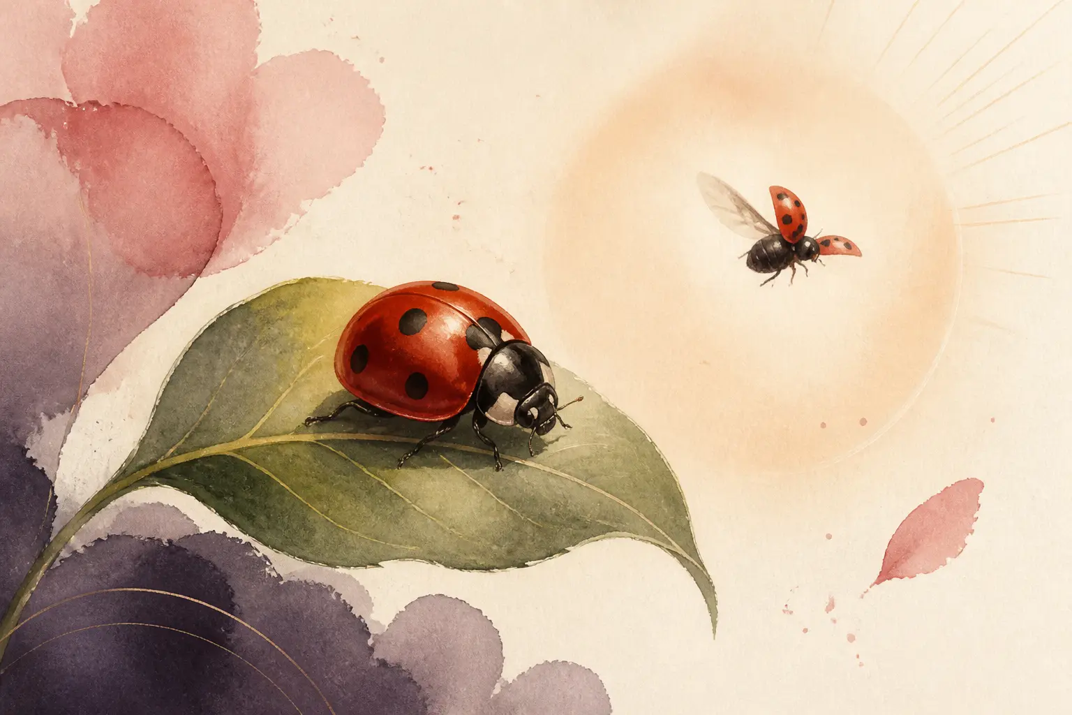 Signification coccinelle : une coccinelle rouge sur une feuille verte, symbole de chance et de renouveau, fond doux
