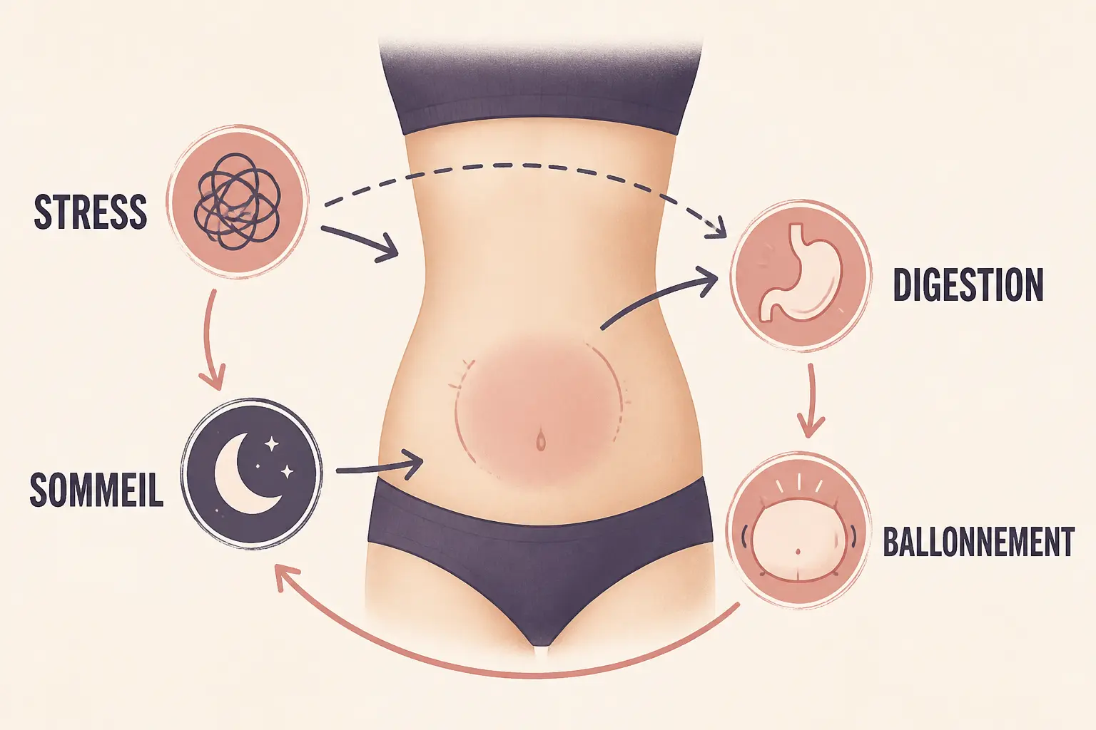 Schéma du lien possible entre taux de cortisol eleve et ventre gonfle : stress, sommeil, digestion et ballonnement autour du ventre.