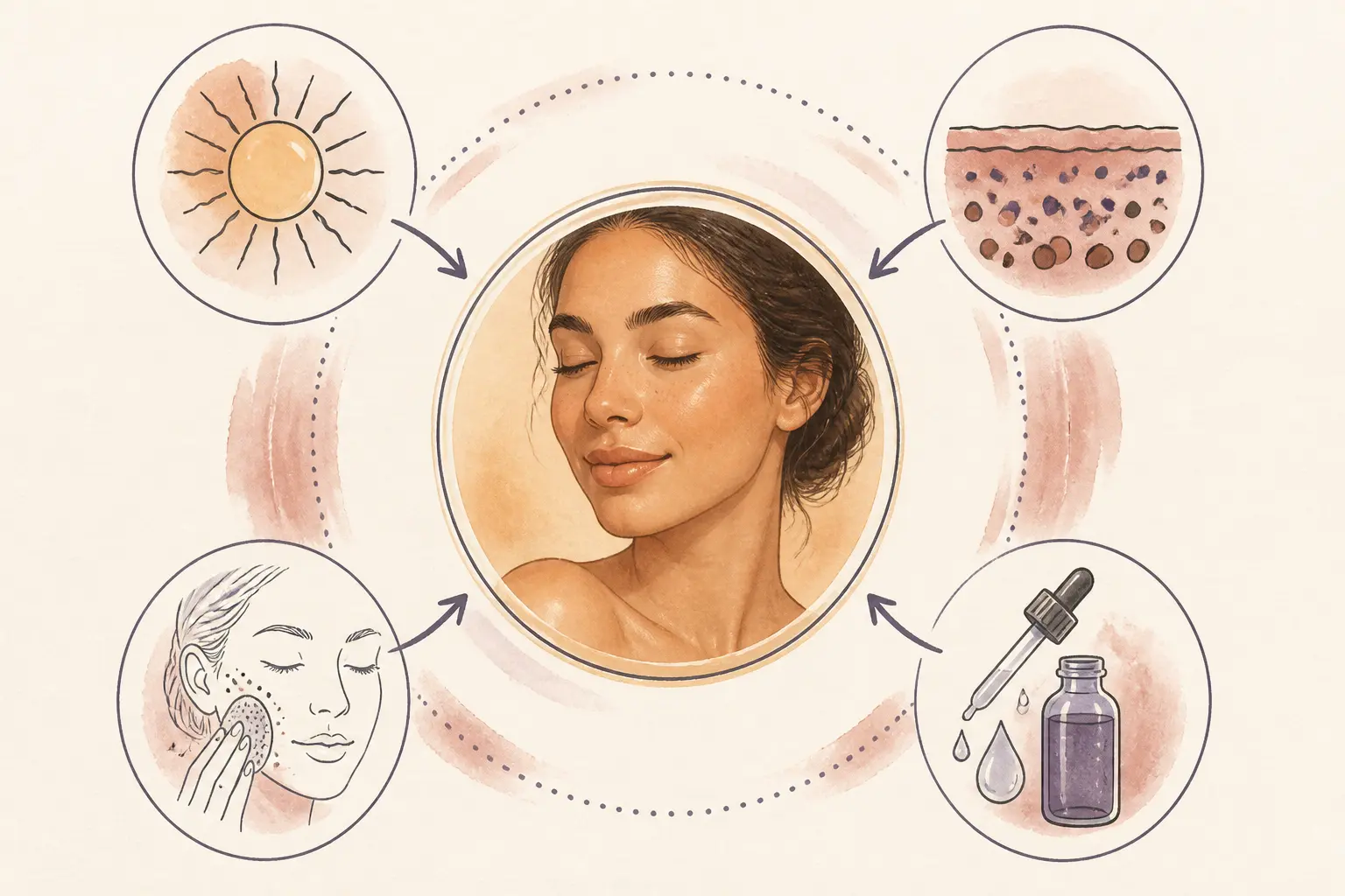 Infographie du teint hâlé : cercle central doré, 4 nodes sur soleil, mélanine, exfoliation et hydratation.